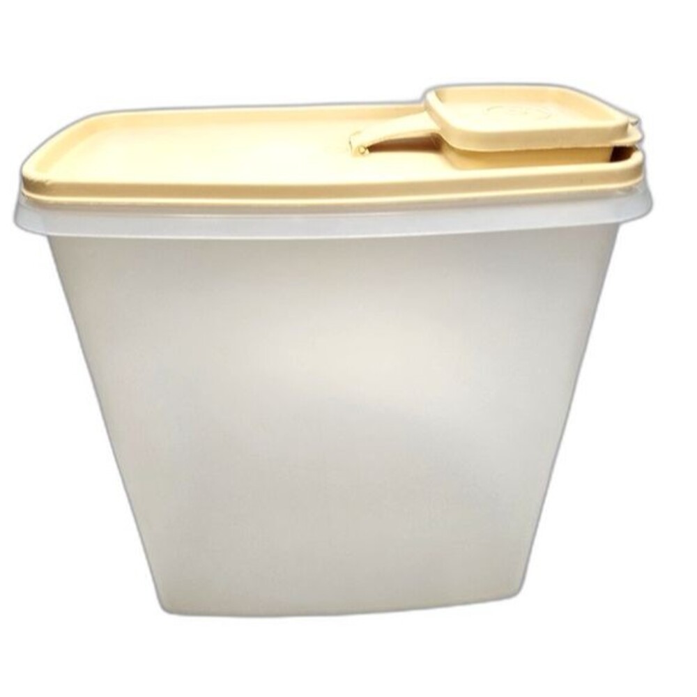 Vintage Tupperware White & Tan Super Cereal Keeper w/ Lid & Cap 10.25"X8.25"X5"